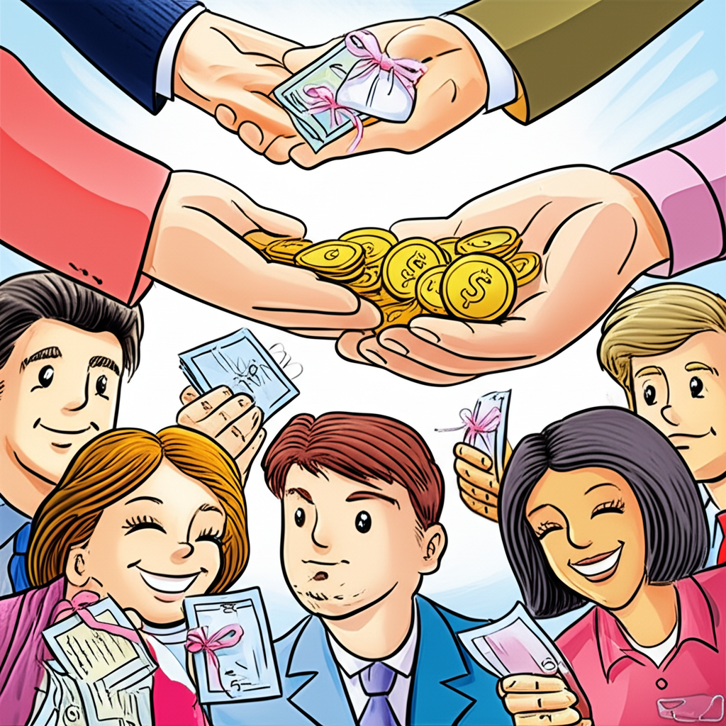 公司向股東分發現金和股票憑證,股東開心接收的插圖