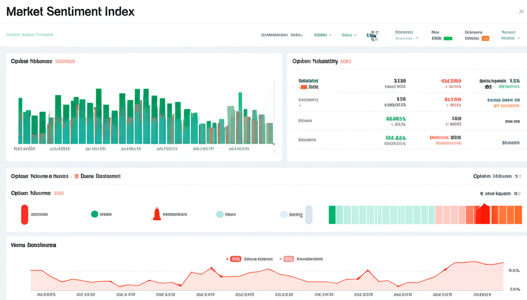An illustration of a market sentiment index tool a dashboard displaying various data points like option volumes volatility and news sentiment to quantify investor emotions showing a balance between optimism and pessimism