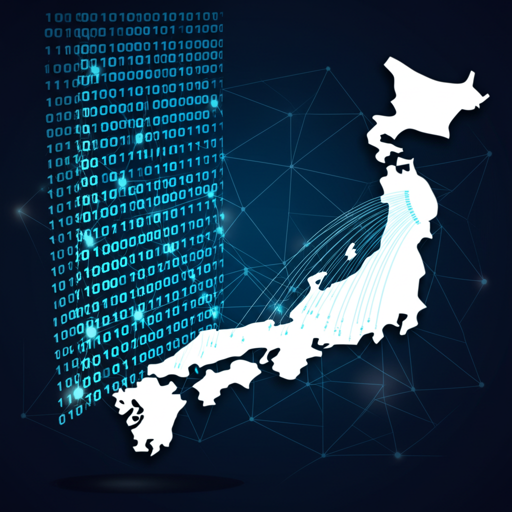 資料流從日本地圖風格化圖像中湧出,連接全球網路的插圖