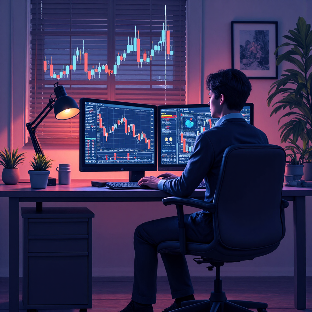 交易員分析複雜財務圖表,隱含市場反轉視覺提示的風格化插圖