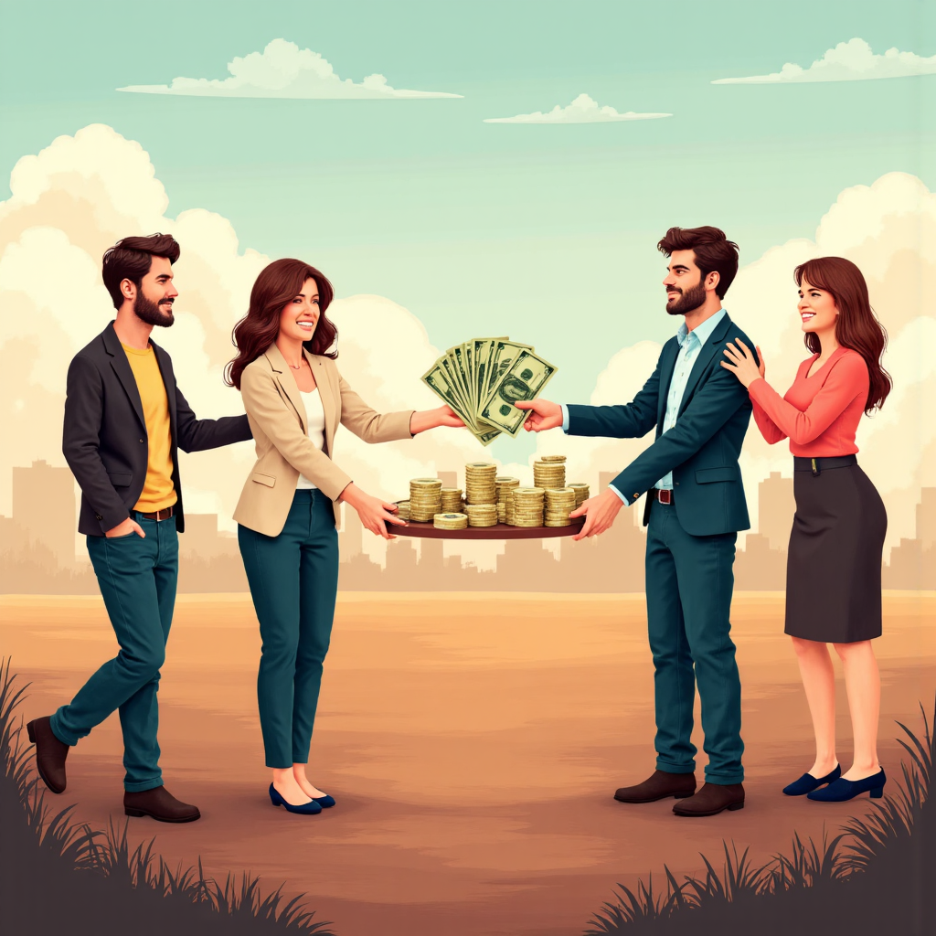 公司分發股份和現金給快樂股東的像素藝術插圖，溫暖色調下藍天背景