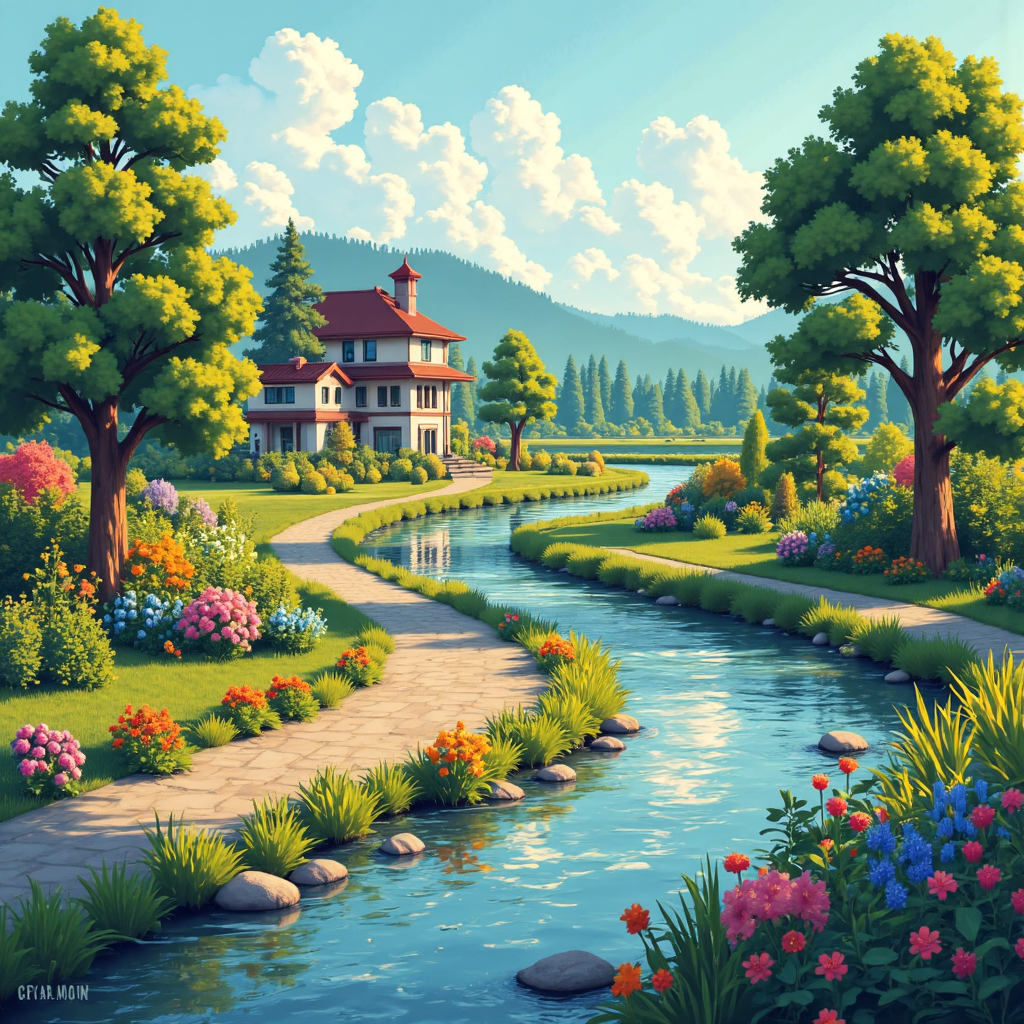 無縫傳承財富的像素藝術景觀,河流象徵順暢繼承路徑,通往繁榮花園,代表世代財富遺產的和諧大地色調