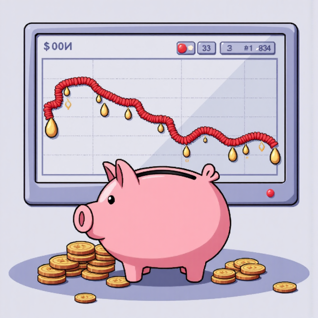 數字存錢罐中金幣流向逐漸下降的圖表，象徵隱藏費用侵蝕價值的像素藝術圖像