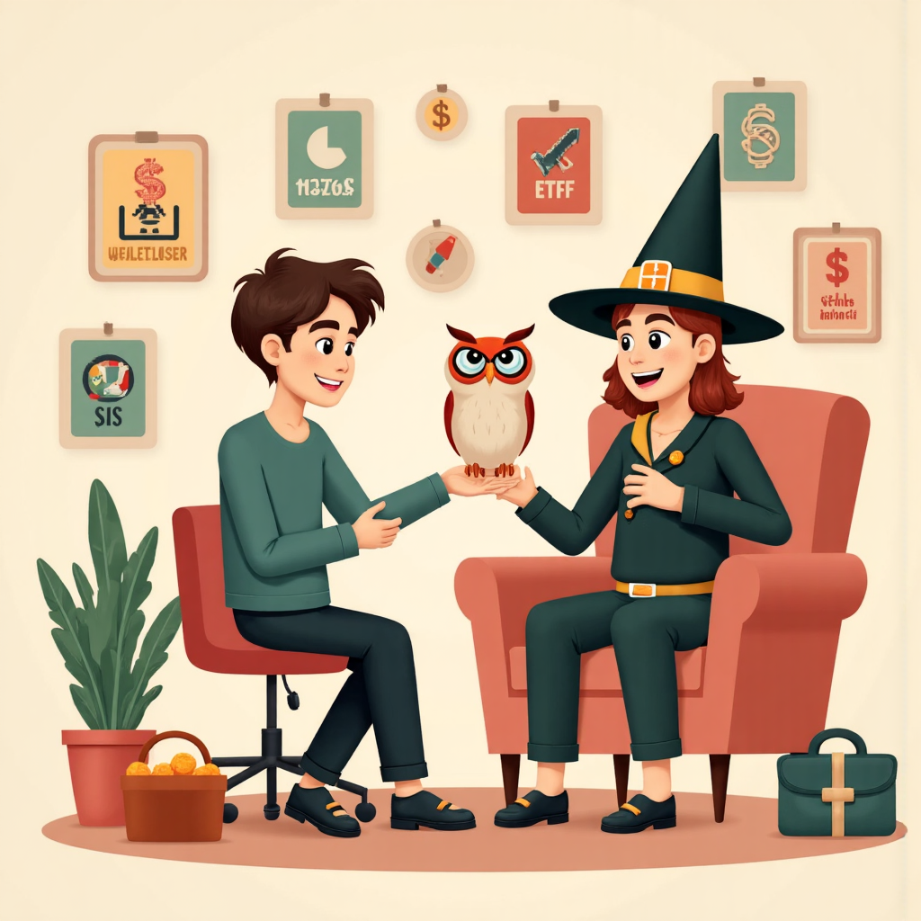 一位人士從睿智貓頭鷹那裡獲得金融指導,周圍環繞著股票、債券和ETF的彩色圖標,營造溫暖氛圍的像素藝術插圖