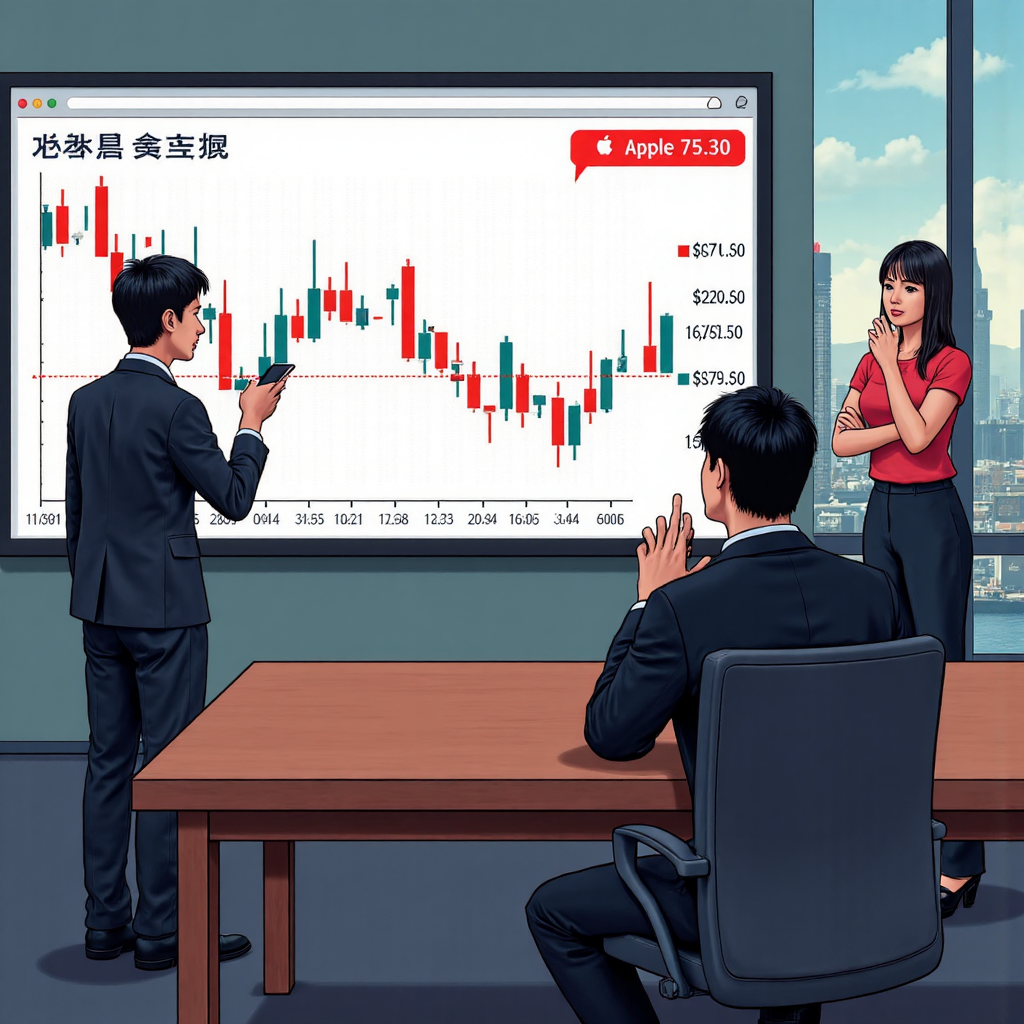 台灣投資人注視大型螢幕上的 Apple 股票表現圖,背景有台灣地標