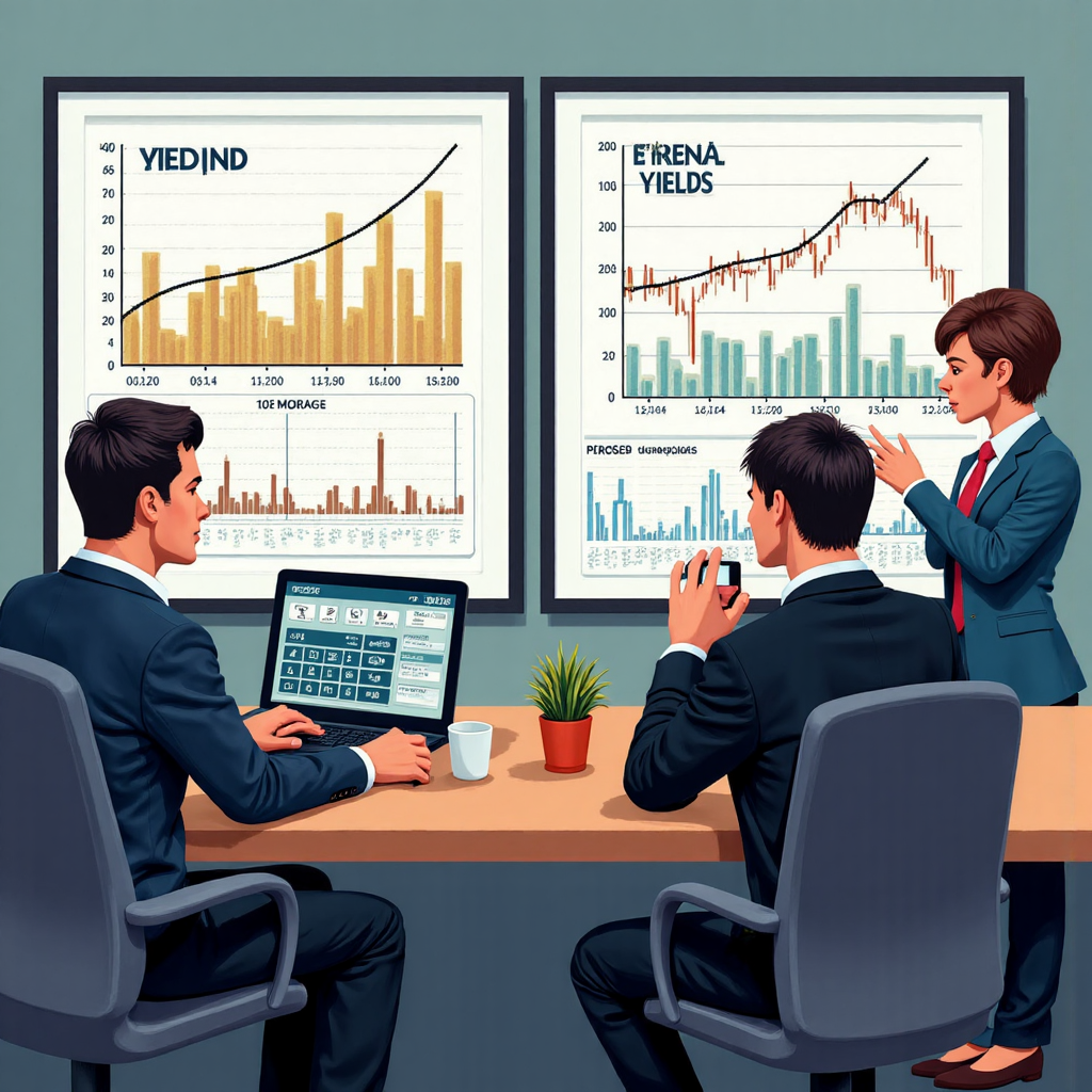 金融市場場景，多樣投資者分析顯示倒掛和正常收益率曲線的圖表，帶有經濟謹慎和樂觀的微妙基調
