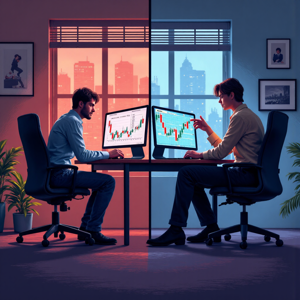 像素藝術風格的分裂場景,一側顯示謹慎交易者查看歷史數據圖表,另一側自信交易者做出明智決定的暖冷光對比插圖