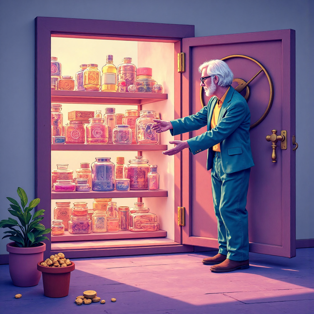 信託基金傳承財富的像素藝術插圖,描繪安全金庫中閃耀資產交給智慧長者,象徵未來世代的溫暖傳承