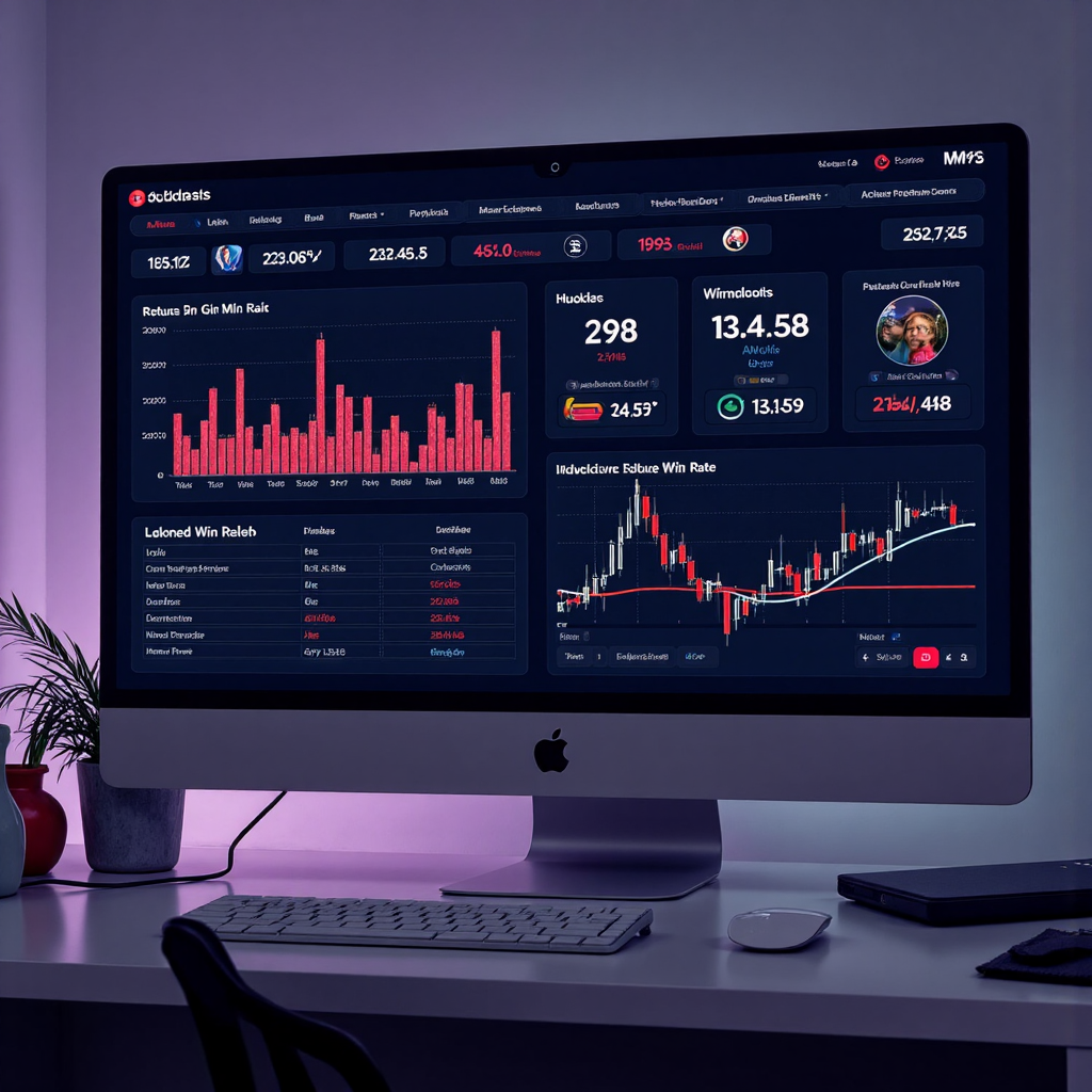 像素藝術風格的數位儀表板顯示財務指標如報酬、回撤和勝率,伴隨發光抽象元素代表優化和進階分析的冷靜色調插圖