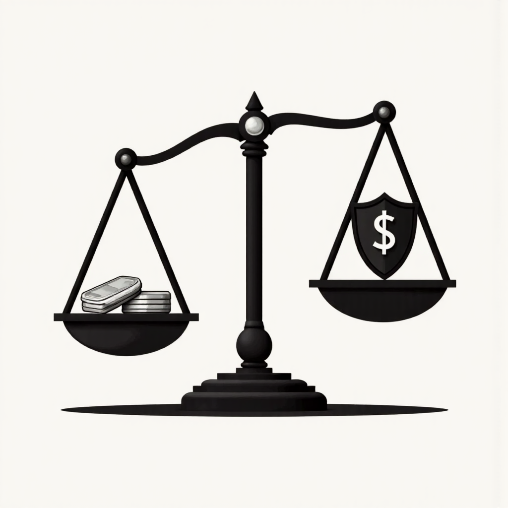 平衡秤一端置白銀錠,另一端為盾牌,象徵避險資產對抗經濟風暴