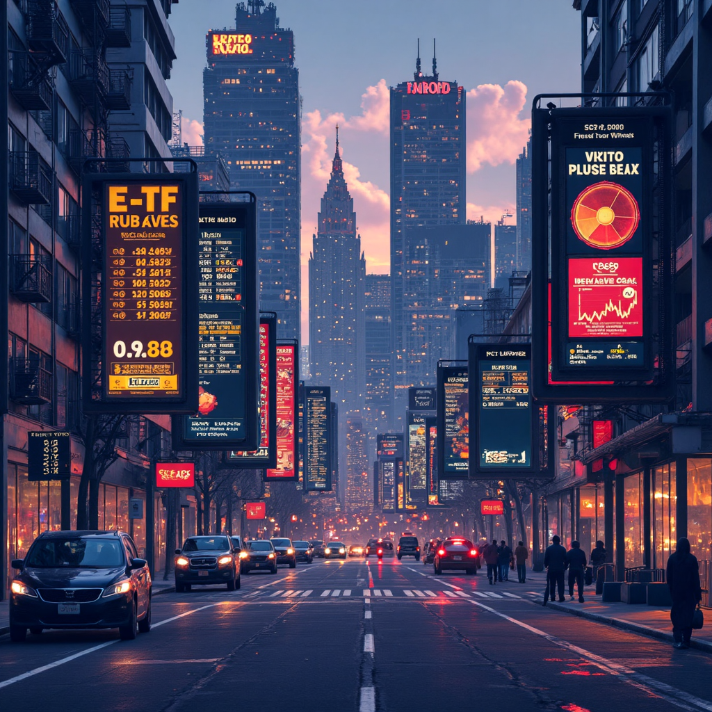 未來城市景觀中發光面板顯示ETF數據比較與成本節省圖表的像素藝術插圖