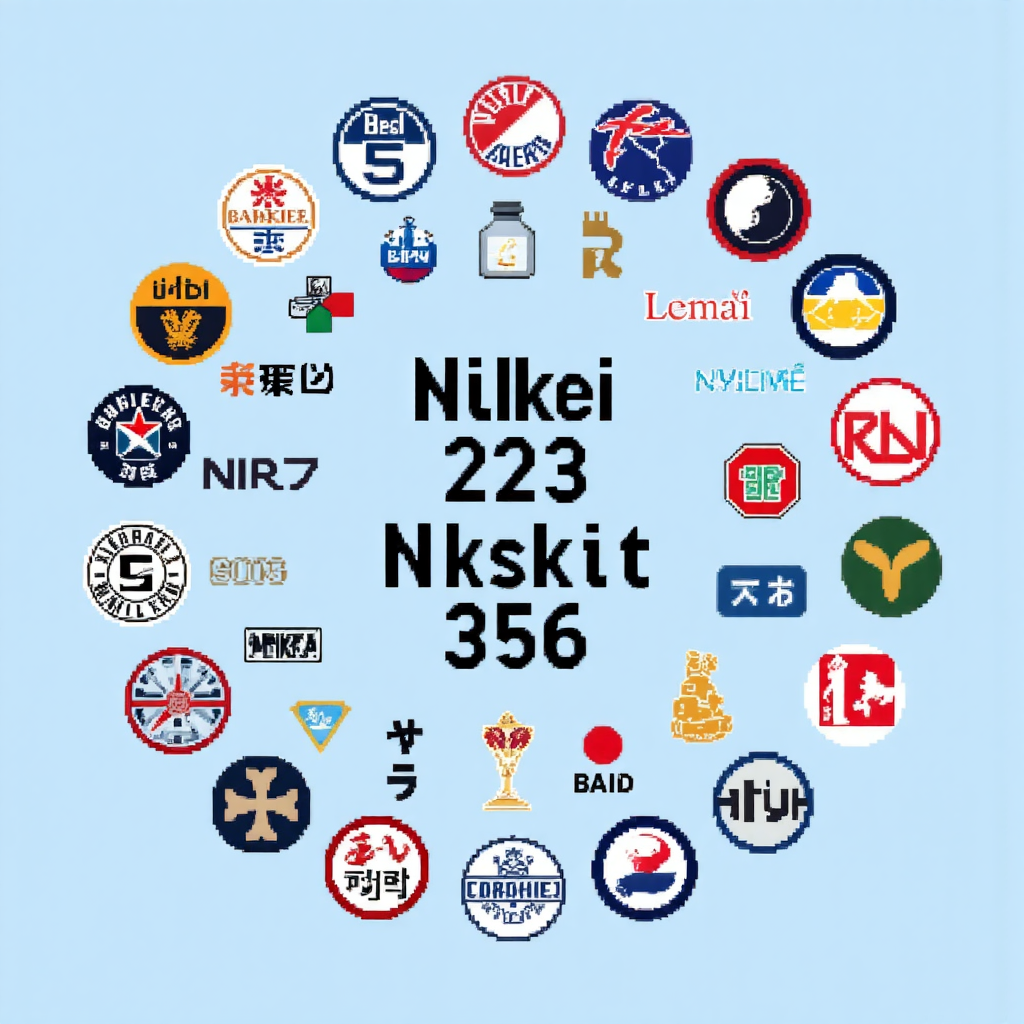 日經225成分股公司標誌以圓形圖案排列的像素藝術插圖,背景為淺藍色