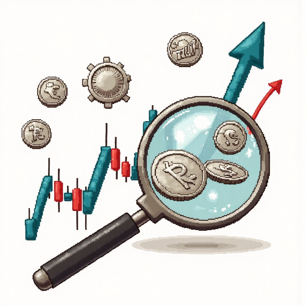 交易圖表顯示上漲趨勢,放大鏡聚焦白銀幣與環繞的全球經濟圖標