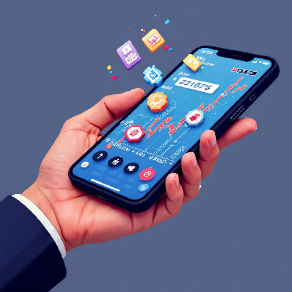 手持 iPhone 顯示股票市場圖表,周圍浮現財務數據圖標