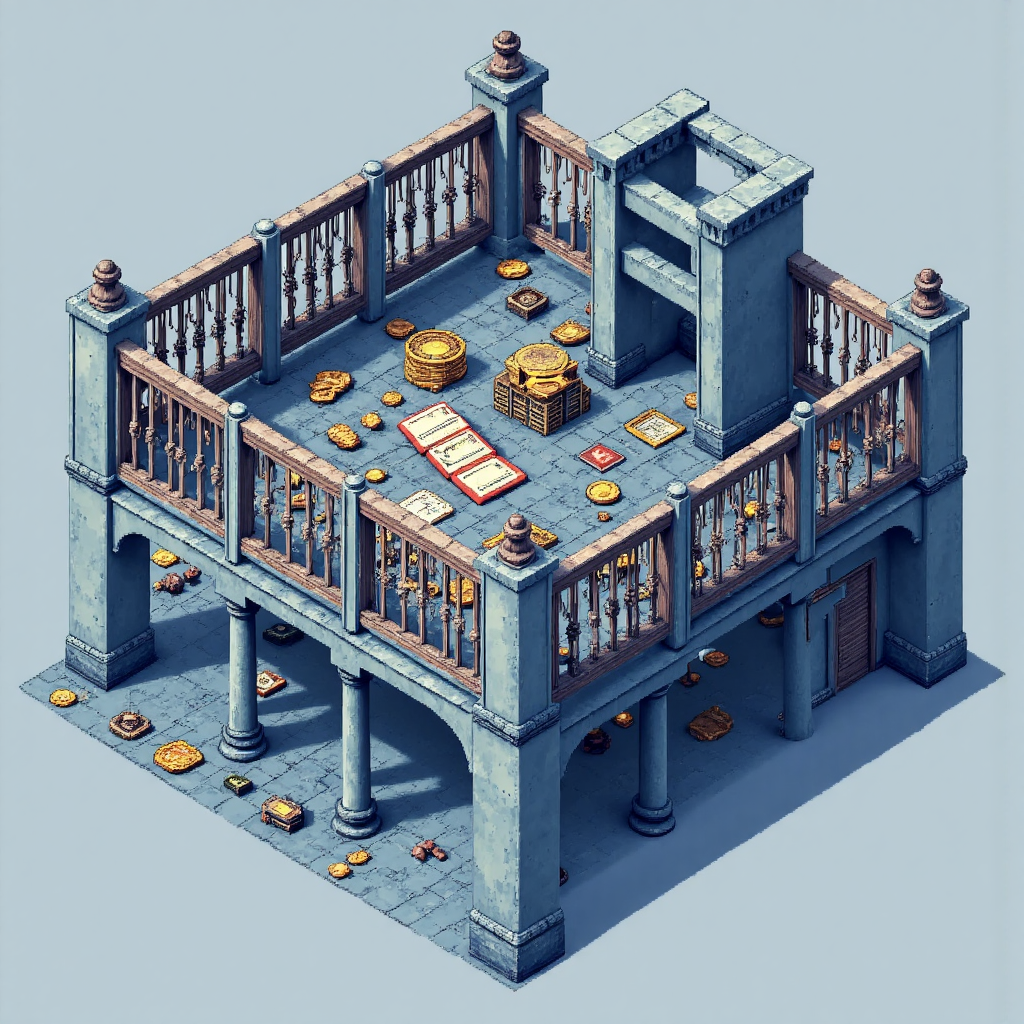 資產保全與風險隔離的像素藝術插圖,展示強大防護屏障環繞金幣、文件和家族遺產,傳達現代穩定的藍灰色調