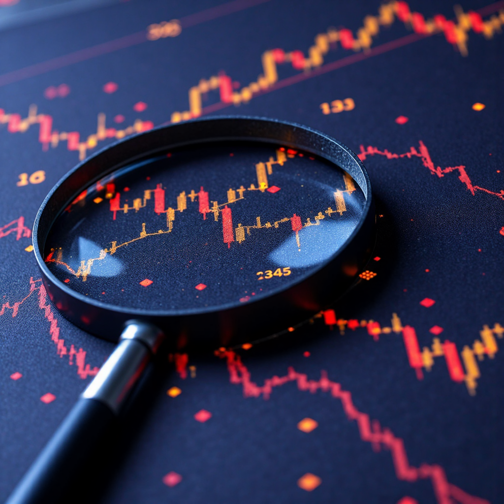像素藝術風格的放大鏡懸浮在歷史股票圖表上,顯示波動線條和發光數據點,象徵策略分析的暖色調插圖