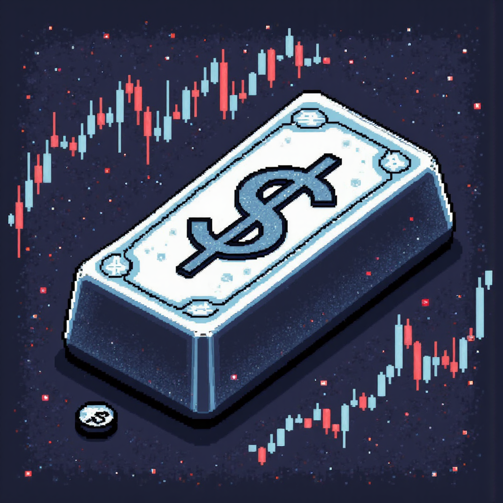 風格化的白銀條與美元符號交織在動態金融市場背景中,強調成長與穩定