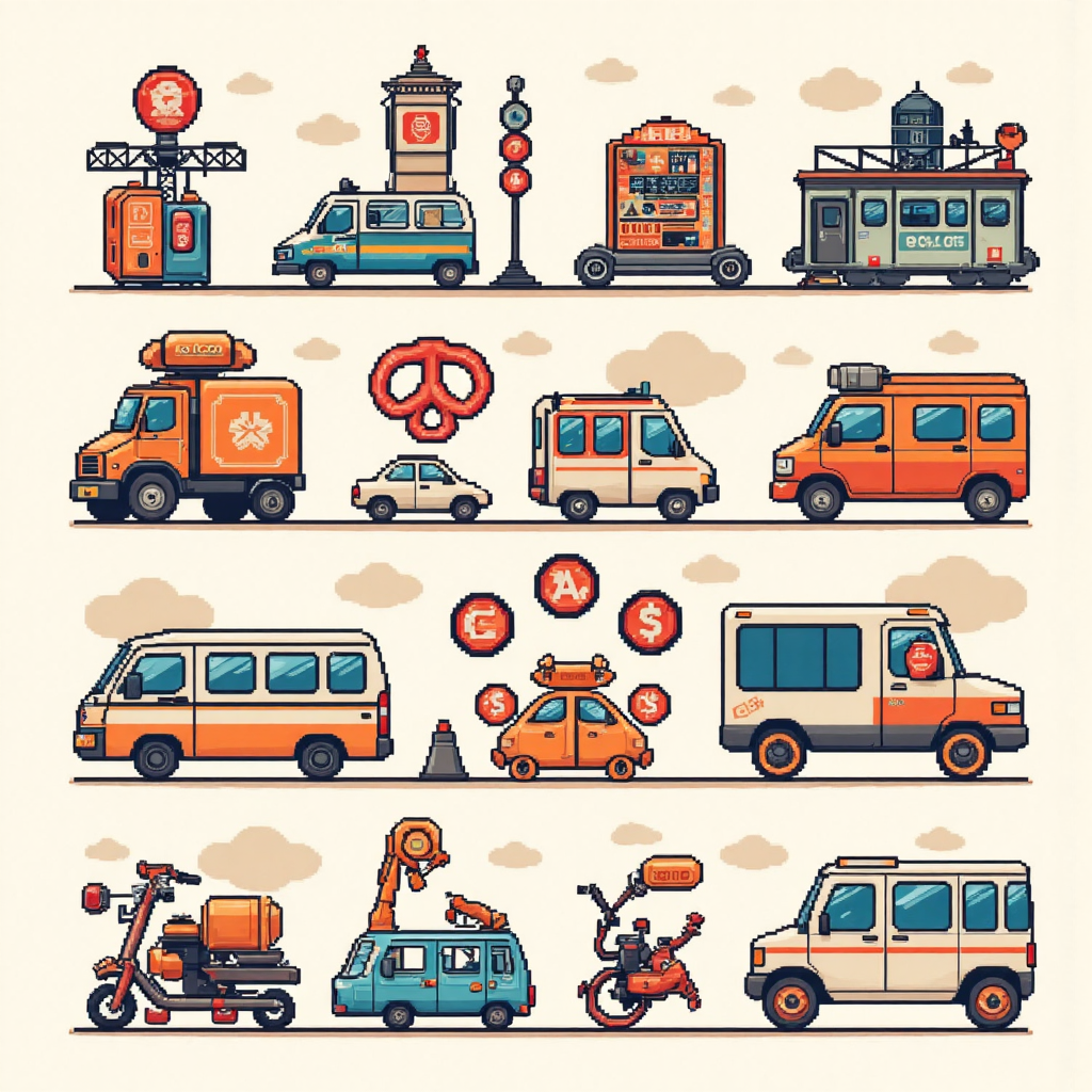 以兒童繪本風格像素藝術呈現日本科技、汽車和金融產業的玩樂圖標,融入財務圖表元素