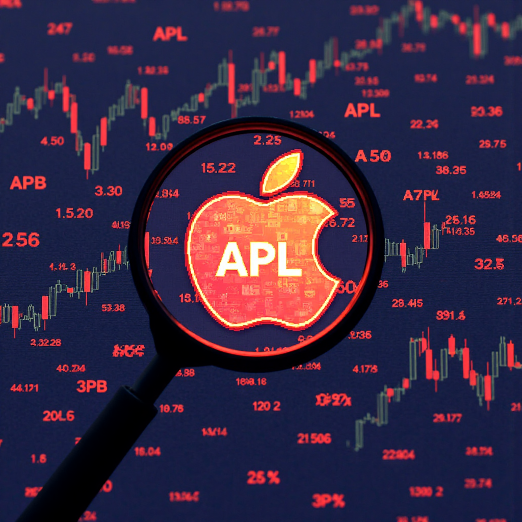 Apple 標誌在股票圖表中閃耀,放大鏡聚焦於 AAPL